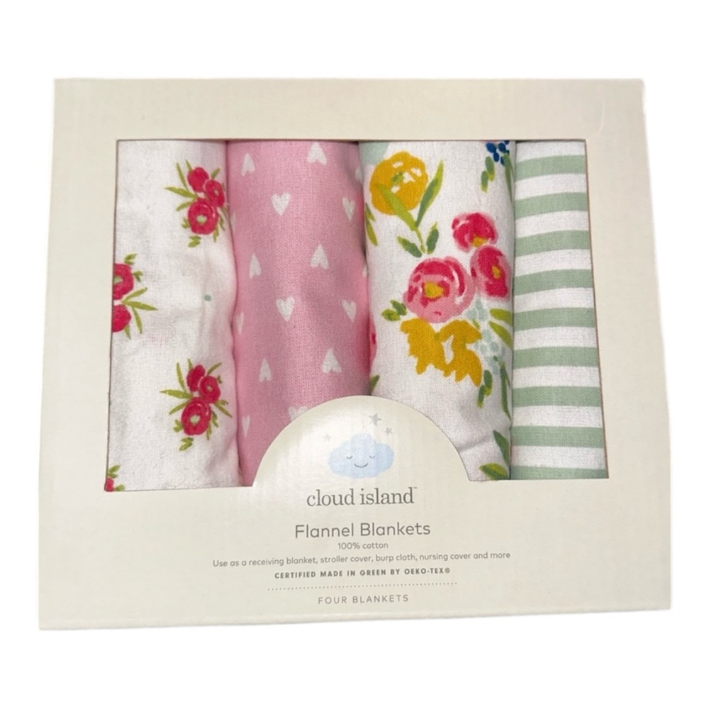 Cloud Island Flannel Floral and Striped and Heart Blanket 4 Pack 100% COTTON